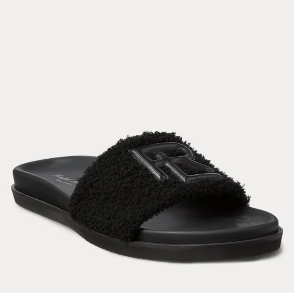 NWB RALPH LAUREN Purple Label  Calfskin & Shearling Monogram Slide Mens Sandals
